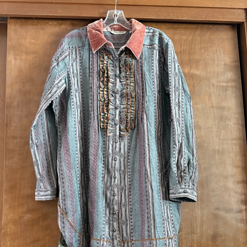 Soft Surroundings Striped Button-Front Blouse with Velvet Collar - Teal & Rust